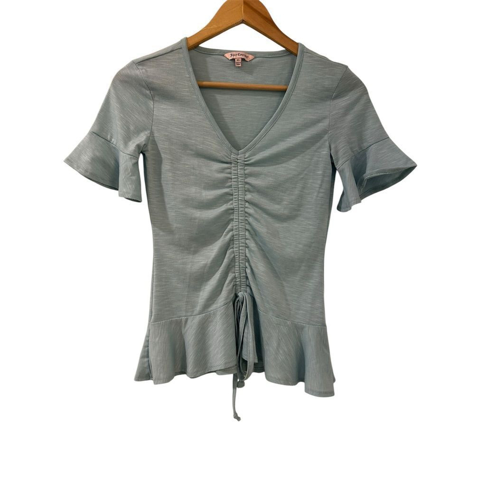 Juicy Couture Blouse Womens XS Ruched Front Top Seafoam Green Short Sleeve